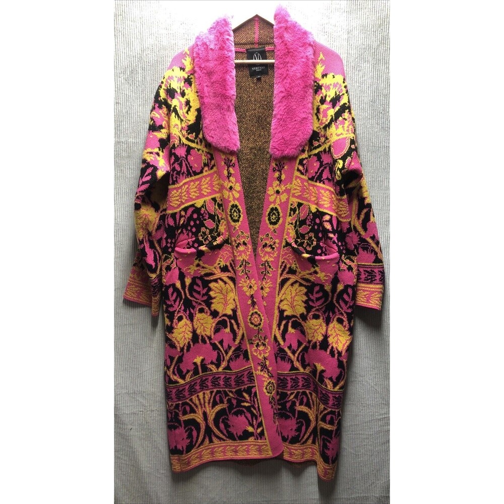 Vertigo Cardigan Sweater Size M Faux Fur Collar Pink Bright Pockets - Picture 3 of 16